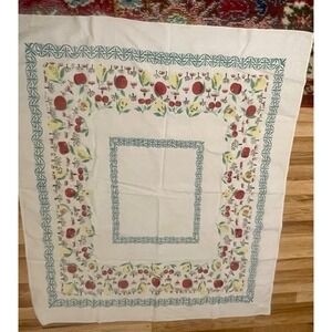 VINTAGE MID-CENTURY FRUIT & FLORAL PRINTED COTTON TABLECLOTH, 45 X 50 INCHES